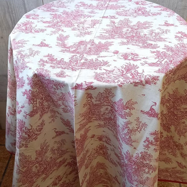 NAPPE RONDE coton 160cm Pastorale Toile de Jouy vieux rose (dispo en rectangle, sur mesure, au mètre)