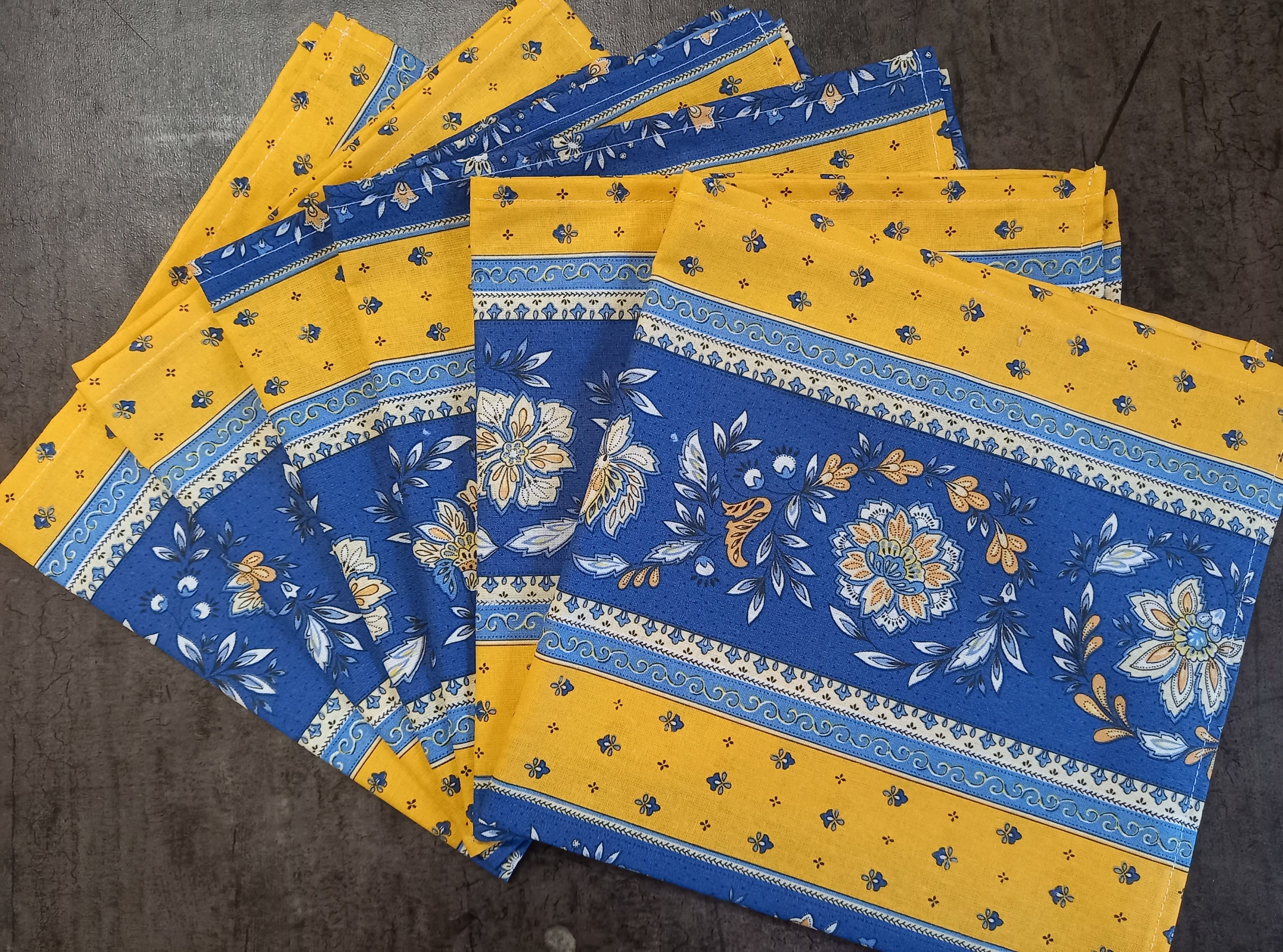 6 Serviettes de Table Coton Motif Lavande Vence Rayures Bleu/Jaune