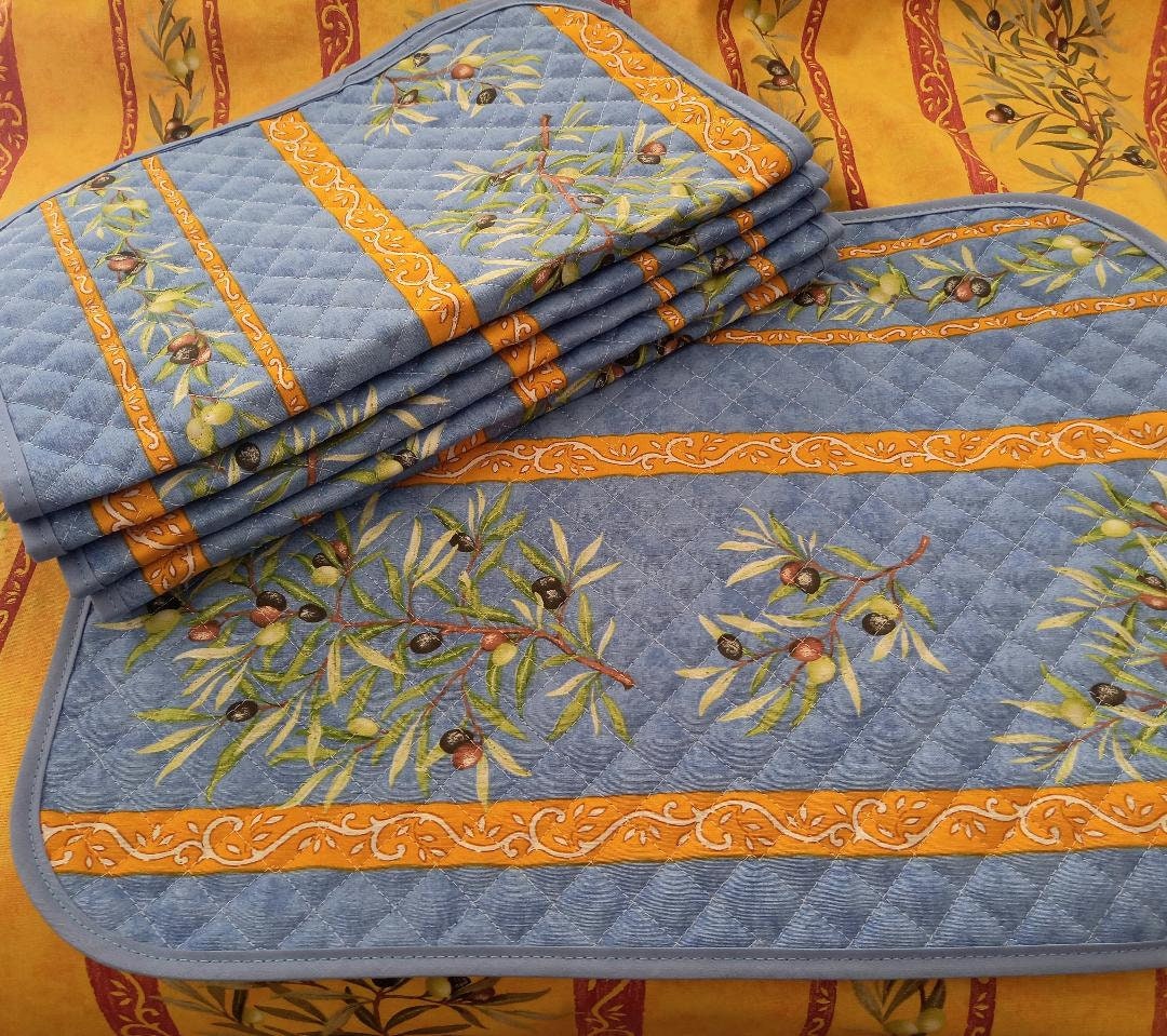 Ensemble 6 Sets de Table Matelassés Coton - Motif Clos Des Oliviers Bleu