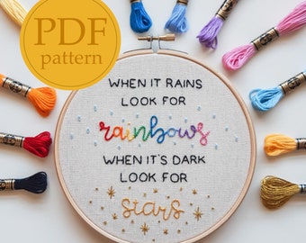 PDF embroidery pattern for beginners - “Look for rainbows, look for stars” motivational quote