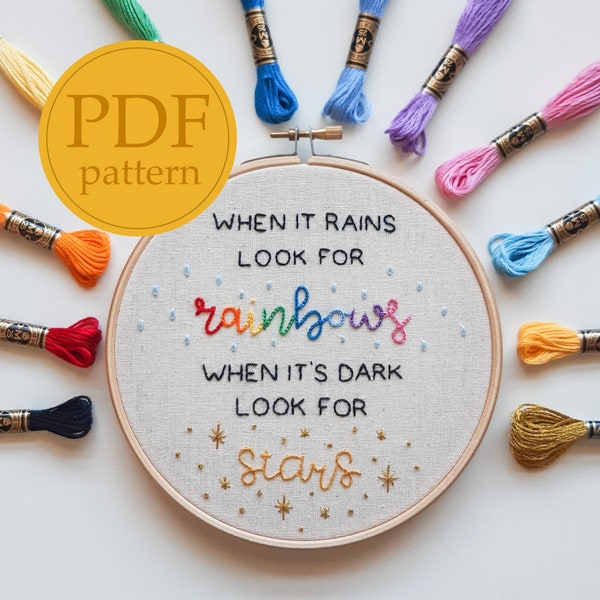 Motif de broderie PDF pour débutants - Citation de motivation « Cherchez des arcs-en-ciel, cherchez des étoiles »