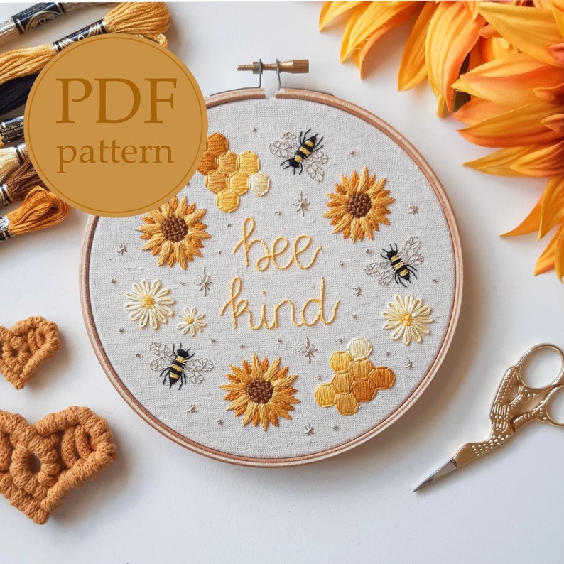 PDF embroidery pattern for beginners Bee kind / Bee happy image 1