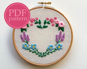 PDF embroidery pattern for beginners - floral heart