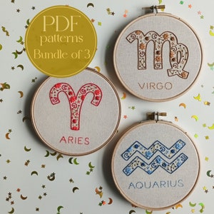 PDF embroidery patterns bundle - 3 zodiac signs