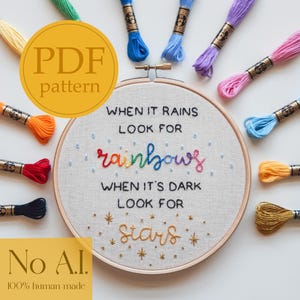 Schema di ricamo PDF per principianti - Citazione motivazionale "Cerca arcobaleni, cerca stelle"