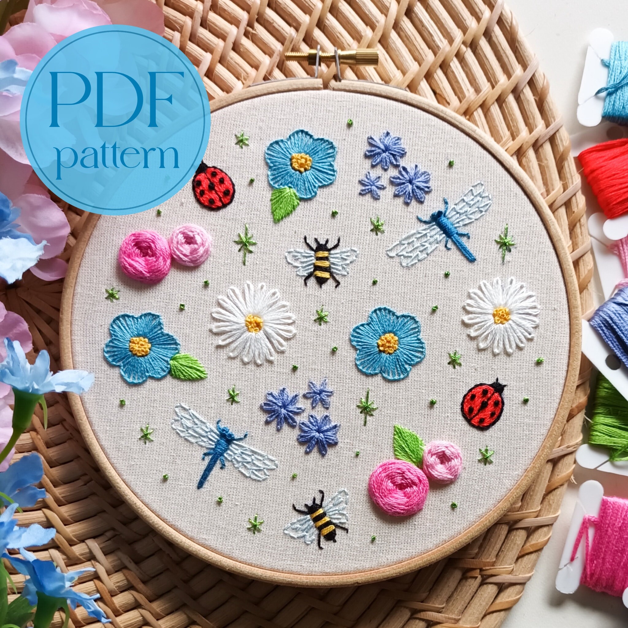PDF Embroidery Pattern for Beginners - Bugs and Blossoms - Etsy, image size:2048x2048