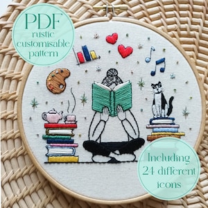 PDF embroidery customisable rustic pattern - Reading girl