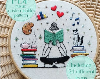 PDF embroidery customisable rustic pattern - Reading girl