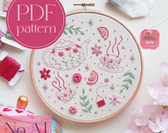 PDF embroidery pattern for beginners - Afternoon tea