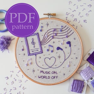 PDF embroidery pattern for beginners - Music on, world off