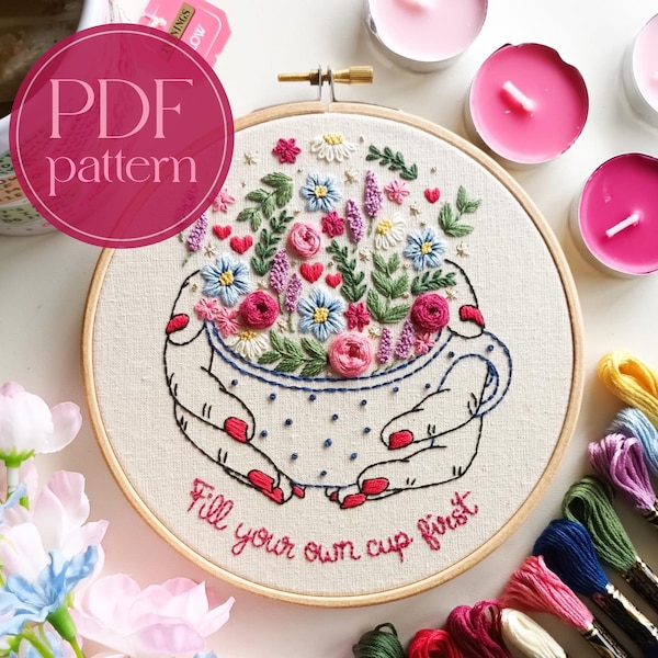 PDF embroidery pattern for beginners - Fill your cup