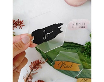 Hexagon Acrylic Place Card | Paint Stroke Effect Acrylic Place Card | Personalized Place Setting | Wedding Place Card | Bridal Shower