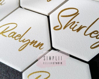 Personalized Hexagon Wedding Place Card: Matte White Tile