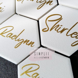 Personalized Hexagon Wedding Place Card: Matte White Tile