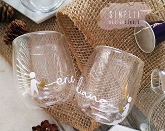 Set of Matching Coffee Cups [Two] | Double Wall Cup | Cute Personalized Shot Glass | Custom Glass Cup | Couples Gift | Bridal Party Favour
