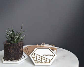 Personalized Hexagon Coaster | Geometric Design | Modern Design | Wedding Place Card | Table Decor