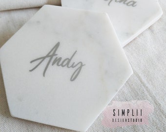 Marble Hexagon Wedding Place Card: Personalized Stone Coaster