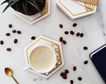 Set of 2 Hexagon Coaster with Card |Couple Gift |Custom Name Coaster | Gold Coaster Design | Housewarming Gift | Matte Coaster |Table Decor