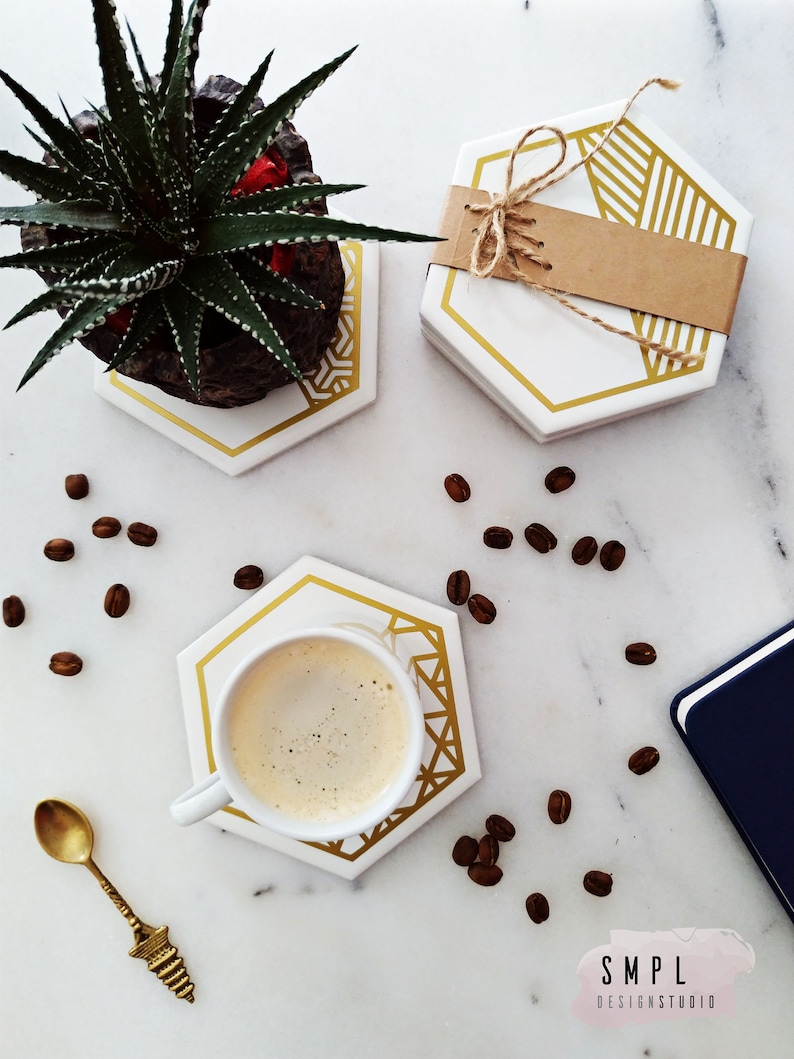 Hexagon Wedding Place Card, Coaster Place Card, Wedding Favor, Gold