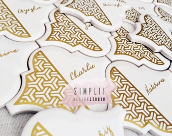 Arabesque Tile Place Card: Geometric Wedding Favor, Calligraphy Name