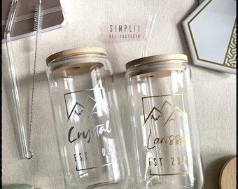 Personalized Glass Tumbler: Outdoor Adventure Design, Bamboo Lid