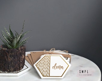 Personalized Hexagon Coaster Place Card: Gold Wedding Table Decor