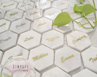 Elegant Marble Hexagon Place Card: Personalized Wedding Coaster