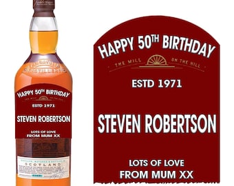 May include: A red and white label with the text "Happy 50th Birthday" and "The Mill on the Hill" with a graphic of a wheel. The label also includes the text "Estd 1971" and "Steven Robertson". The label has the text "Lots of Love From Mum XX" at the bottom.