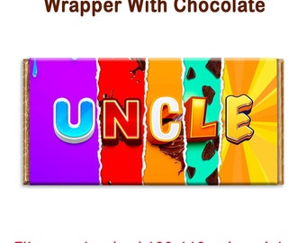 May include: A colorful chocolate bar wrapper with the word "UNCLE" printed in bold letters. The wrapper is designed to fit a standard 100-110g chocolate bar.