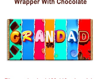 May include: A colorful chocolate bar wrapper with the word "GRANDAD" in bold, 3D letters. The wrapper is designed to fit a standard 100-110g chocolate bar.