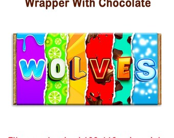 May include: A colorful chocolate bar wrapper with the word "WOLVES" printed in bold letters. The wrapper has a ripped design with different colored backgrounds and patterns, including lime green, orange, red, blue, and purple. The wrapper is designed to fit a standard 100-110g chocolate bar.