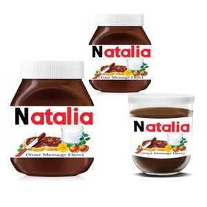 May include: Three jars of chocolate hazelnut spread with a personalized label that says "Natalia" and "Your Message Here".