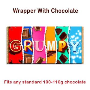 Op de afbeelding: Een kleurrijke chocoladeverpakking met het woord "GRUMPY" erop gedrukt. De verpakking is ontworpen om te passen op een standaard chocolade reep van 100-110g.