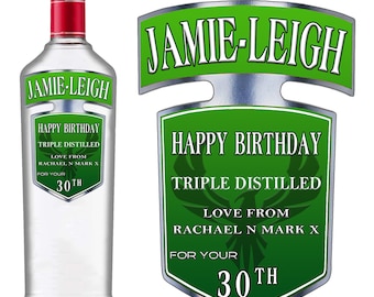 May include: Green and silver personalized bottle label with the text "JAMIE-LEIGH" and "HAPPY BIRTHDAY TRIPLE DISTILLED LOVE FROM RACHAEL N MARK X FOR YOUR 30TH".