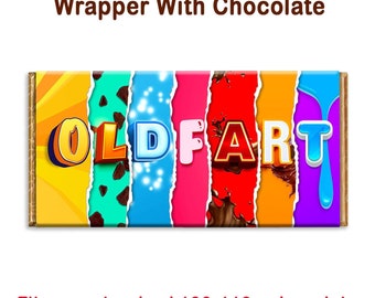May include: A colorful chocolate bar wrapper with the text "OLD FART" in a bold, playful font. The wrapper is designed to fit a standard 100-110g chocolate bar.