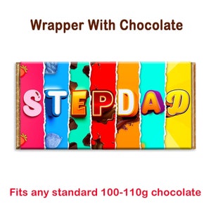 May include: A colourful chocolate bar wrapper with the word "STEP DAD" in bold, 3D letters. The wrapper is designed to fit a standard 100-110g chocolate bar.