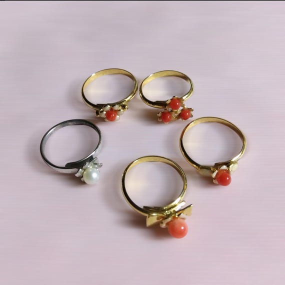 vintage japanese ring / japanese coral ring, japanese akoya pearl ring