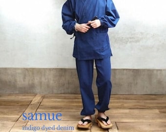 Denim Samue voor dames en heren, indigo geverfd denim, 100% katoen / Japanse maten M, L en LL.