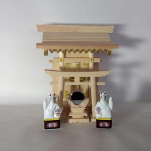 kamidana shrine / miniature shinto shrine, torii gate, divine mirror, inari fox pair