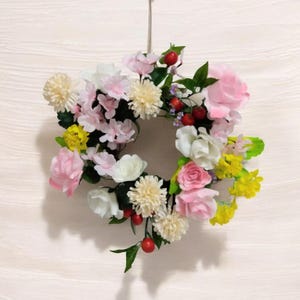Japanese wreath, spring wreath, spring flowers wreath / rose, cherry blossom, cherry, canola flower, dendelion, and forget me not