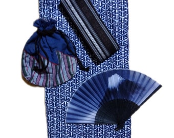 set of yukata, obi belt, purse, and japanese fan / japanese M-size for men
