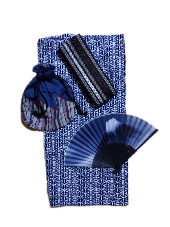 set of yukata, obi belt, purse, and japanese fan … - image 1