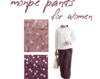 May include: Two fabric swatches with different floral patterns. The top swatch is pink with white bunny silhouettes. The bottom swatch is a deep purple with white flower silhouettes. A woman is wearing a white long-sleeved shirt and purple pants with a floral pattern. The pants are wide-legged and gathered at the ankles. The text "monpe pants for women" is written in pink at the top of the image.