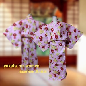 May include: Pink yukata with a floral pattern featuring red and yellow flowers. The text "yukata for women japanese 3L-size" is visible at the bottom of the image.