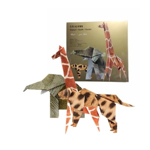 May include: Origami paper set featuring an elephant, giraffe, and cheetah. The paper is printed with realistic animal patterns. The set is packaged in a gold box with the text "Origami Elephant, Giraffe, Cheetah" printed on the front.