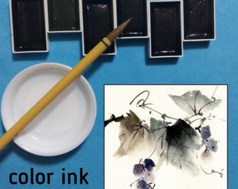 May include: A collection of watercolor paints and ink for Japanese-style painting. The image shows rectangular paint trays, a brush, a white dish, and a watercolor painting of grapes and leaves. The text reads "color ink for japanese style painting watercolor paints."