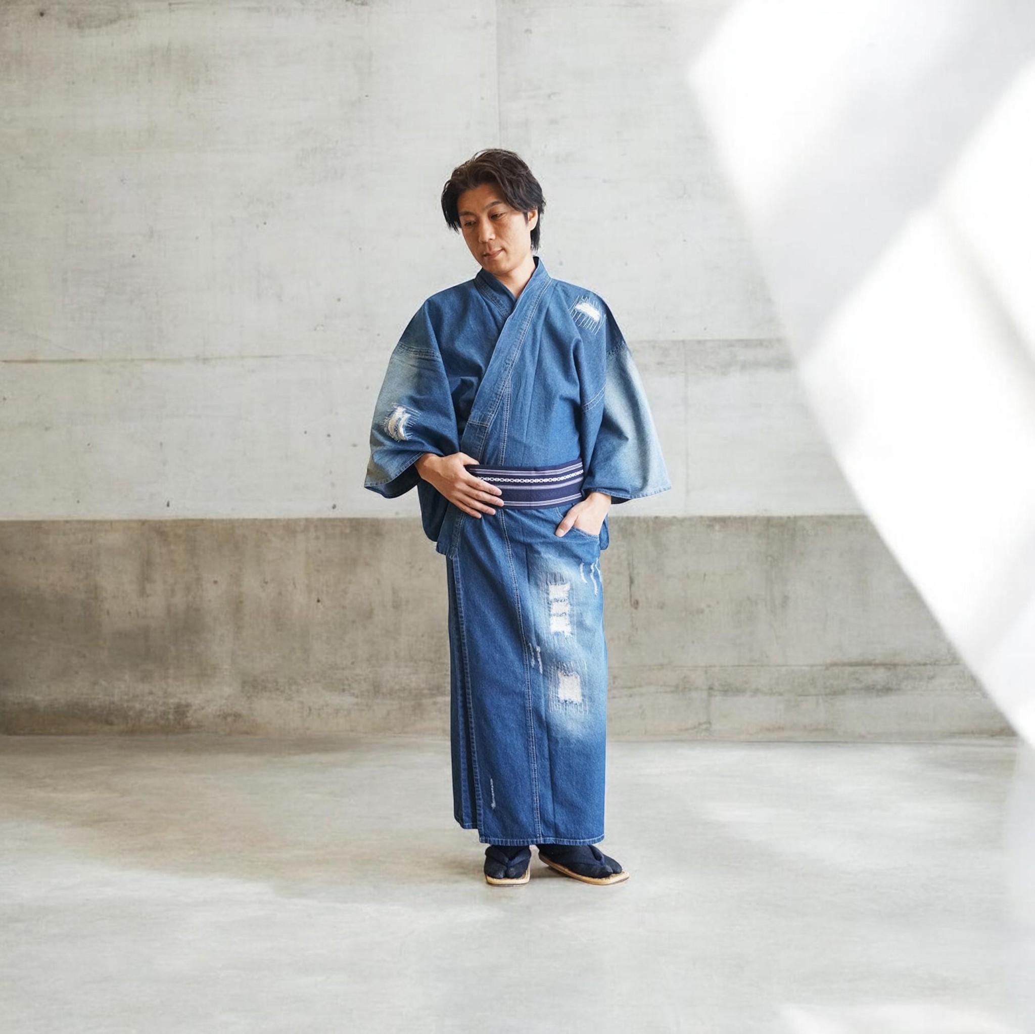 Distressed Denim Kimono for Men / Japanese M-size, L-size, and Ll