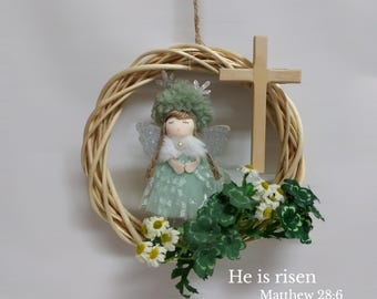 small easter wreath, Christian wreath, engel and cross, 8”x8” / he is risen, Matthew 28 6
