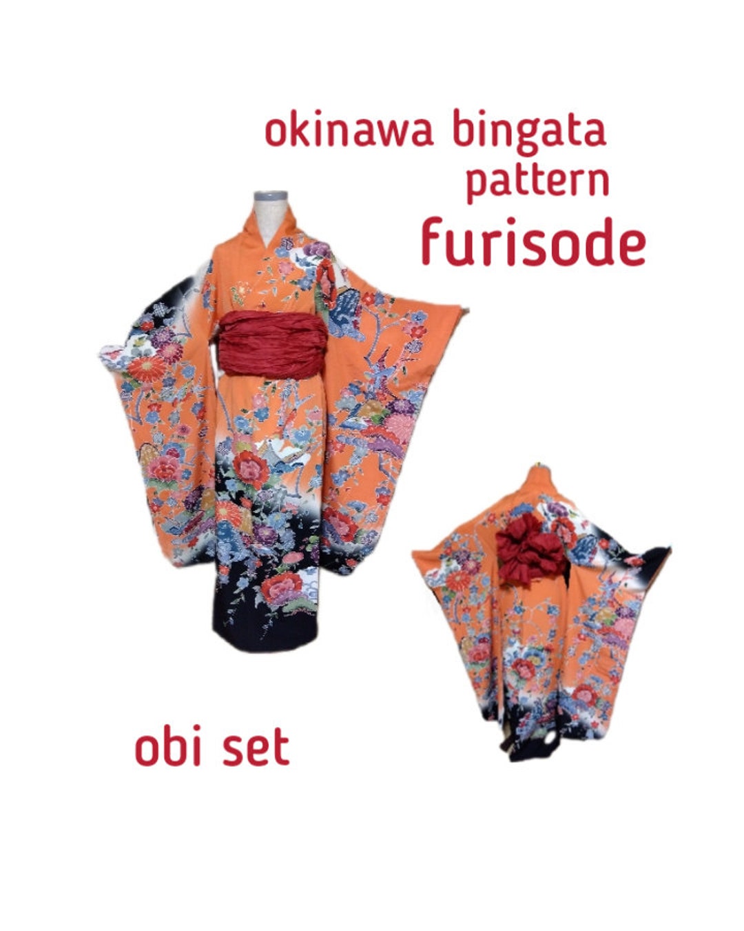Set of Okinawa Bingata Pattern Furisode and Obi Belt - Etsy