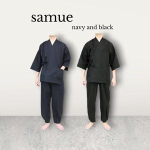 May include: Two samue outfits, one navy and one black, are displayed. The outfits consist of a short-sleeved jacket with a wrap closure and matching pants. The text "samue navy and black" is above the outfits.